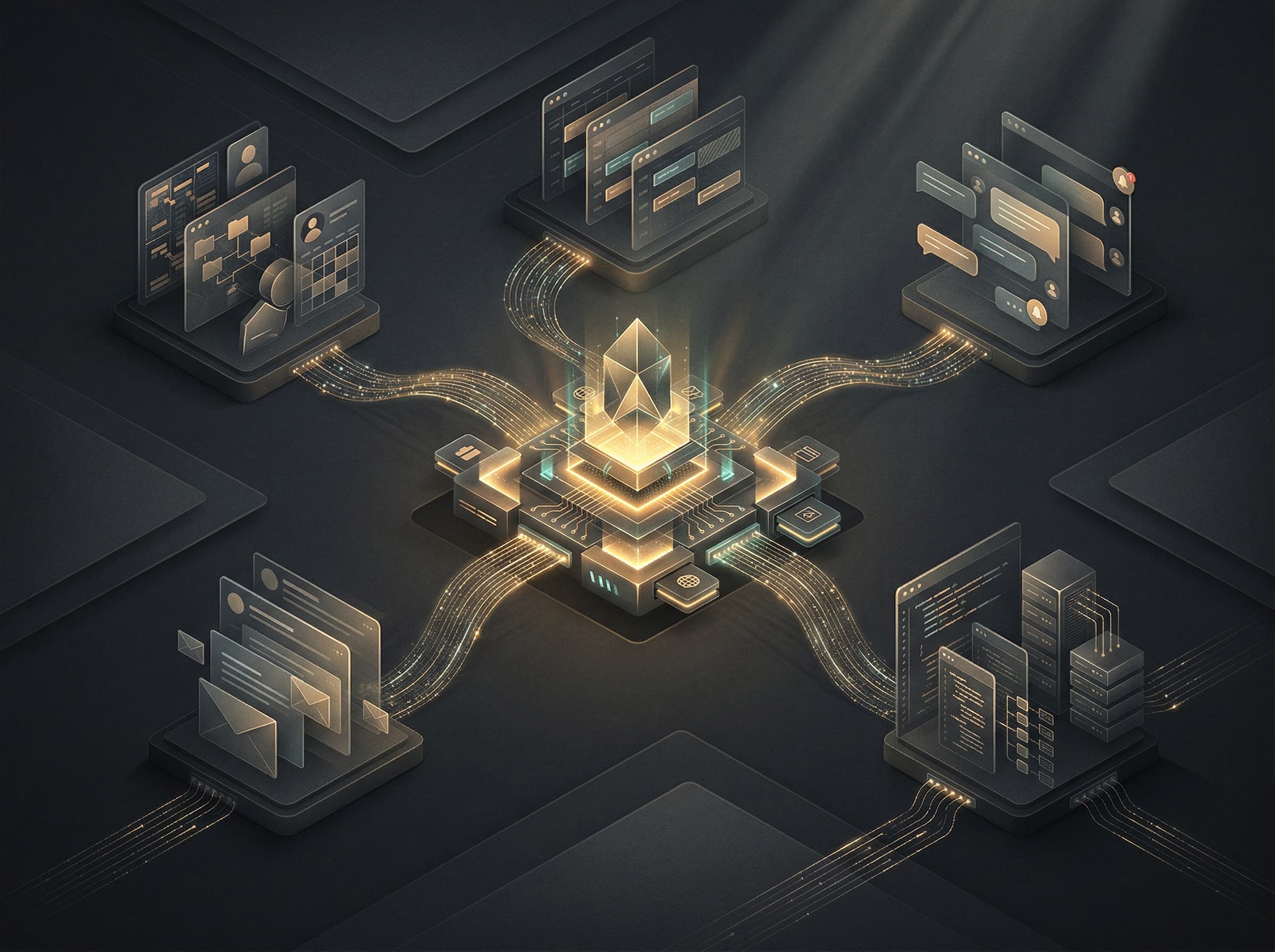 Editorial illustration of an AI workspace connected to CRM, calendar, email, messaging, and API tools through MCP servers and plugins