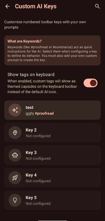 LeanType Chirp — Inherited keyboard settings shown in the project documentation; not a Chirp voice-input screen.